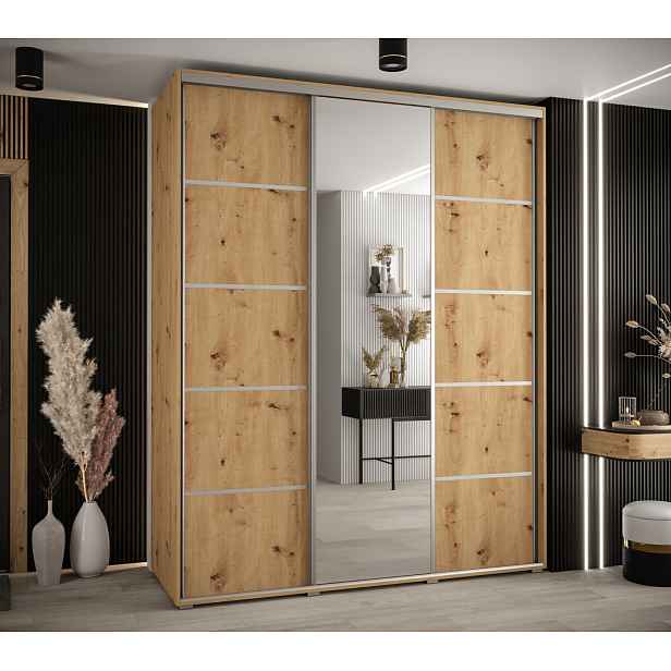 Šatní skříň YVONA 5 - 200/60 cm, dub artisan / stříbrná