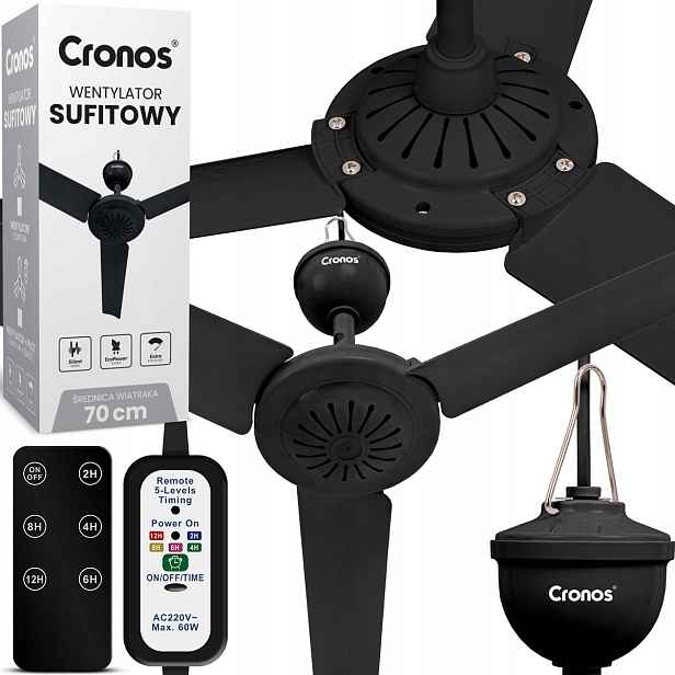 Stropní Ventilátor S Větrákem Tichý Černý Větrák 70 cm Dálkový Ovladač Časovač
