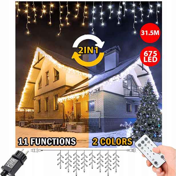 Rampouchy 675LED Záclona Venkovní Osvětlení IP44 Flash Bílá Teplá 2V1 31,5 m