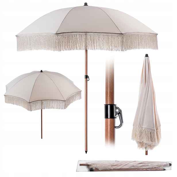 Zahradní Slunečník Balkonový 180 cm Skládací, Nastavitelný, S Třásněmi Boho