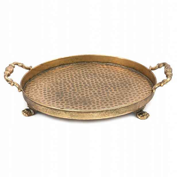 Kulatý Kovový Podnos Retro Zlatý 30 cm Zestárlý S Dekorativními Úchyty