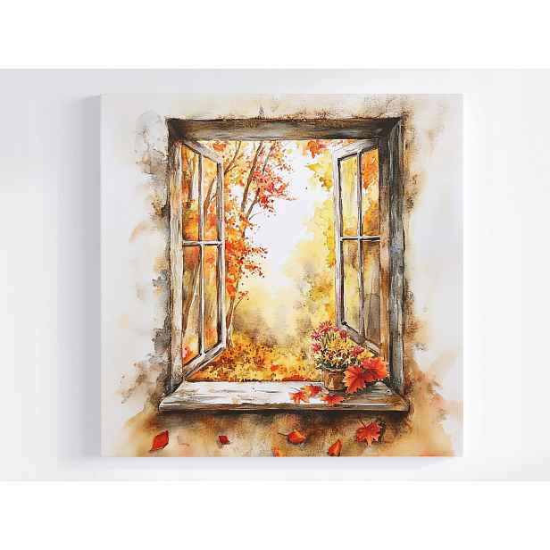 Obraz Na Plátně Canvas Dekorace Okno Pohled Strom Podzim Květiny 60x60