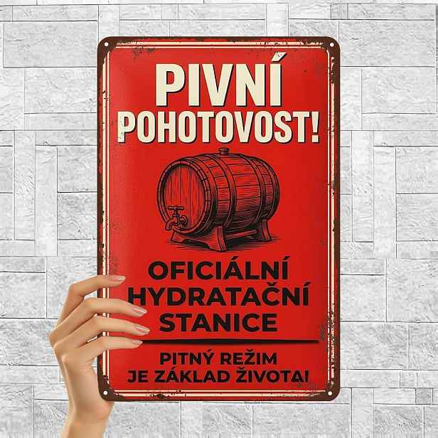 TEMU 2D plochá 1ks, Vintage červená kovová cedule - "Pivní pohotovost! Oficiální hydratační stanice" - Dekorativní nástěnné umění s českého piva 8×12