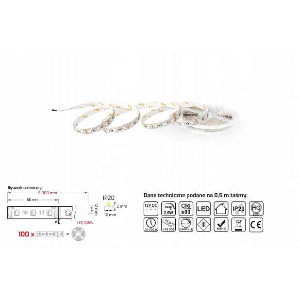 Osvětlení nábytku Led Páska Rolka Rgbw výkon 14W/1m IP20 Bez Silikonu