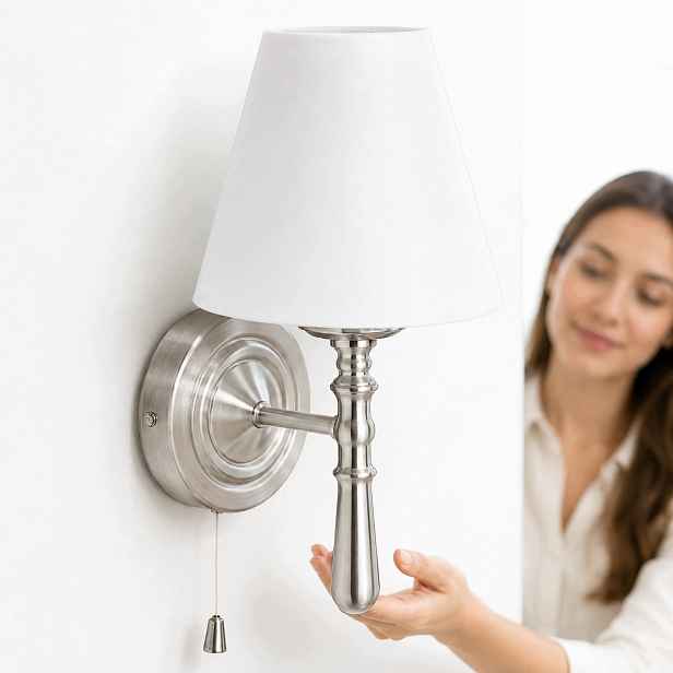 Nástěnné svítidlo Stříbrné s bílým stínítkem 28 cm, Šňůrový spínač