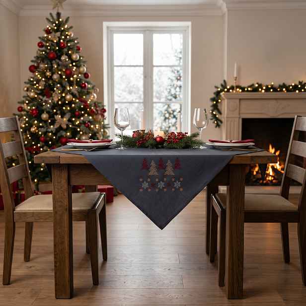 Vánoční ubrus na stůl CHRISTMAS GLAM šedá vzor stromeček 110x160 cm