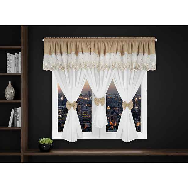 Dekorační krátká záclona s ozdobnou lambrekýnou s krajkou s řasící páskou FRANCIS bílá/béžová 400x150 cm MyBestHome