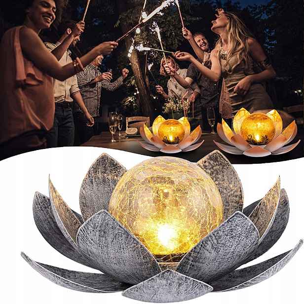 Solární Zahradní Lampa Lotos Skleněná koule Kovová maketa 28x28x12 cm IP44