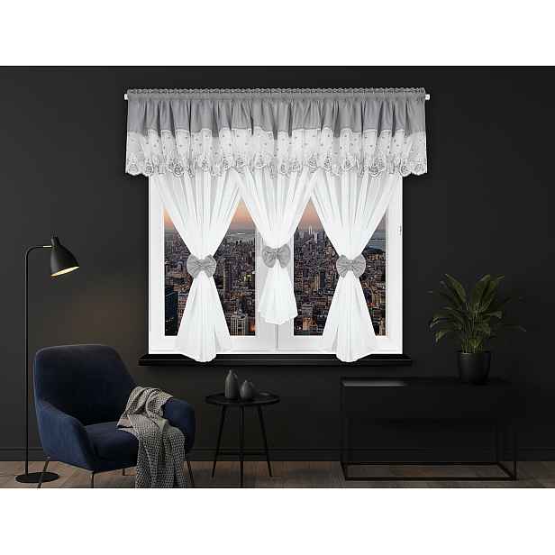Dekorační krátká záclona s ozdobnou lambrekýnou s krajkou s řasící páskou FRANCIS bílá/šedá 400x150 cm MyBestHome