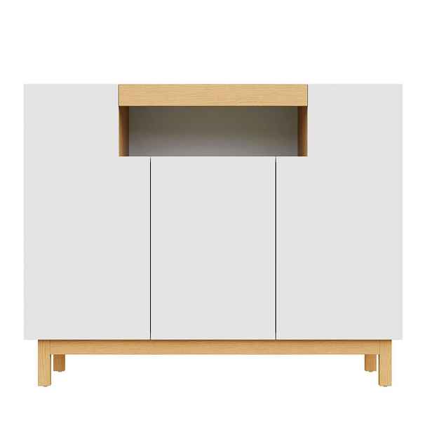 Redom SIDEBOARD 120,5/42/96 cm s třemi dvířky, otevřenou policí a úložnými přihrádkami, Bílá