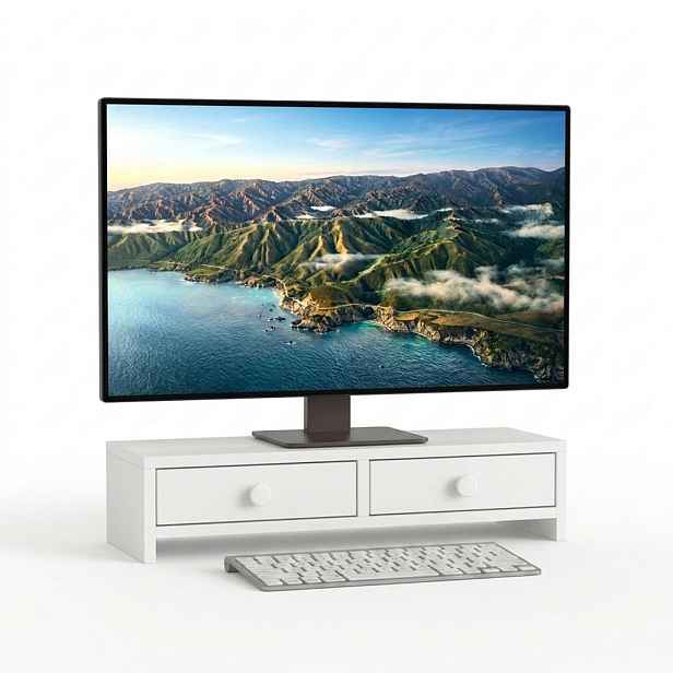 Relaxdays STOJAN NA MONITOR Bílý MDF 2 zásuvky 47x18x12,5 cm