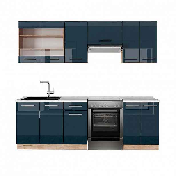 Vicco KUCHYŇSKÝ KOUT Fame-Line Tmavě modrý vysoký lesk/zlatý dub 240 cm , PD Mramor