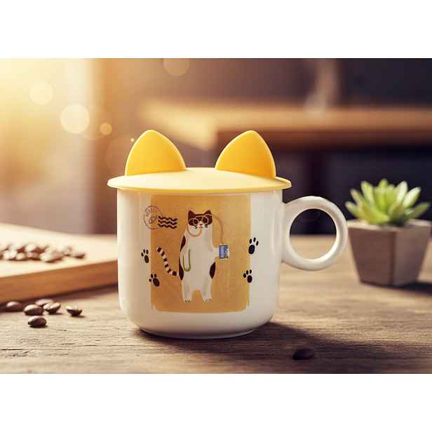 Hrnek porcelánový HELLO se žlutým víčkem a motivem kočky 0,3 l