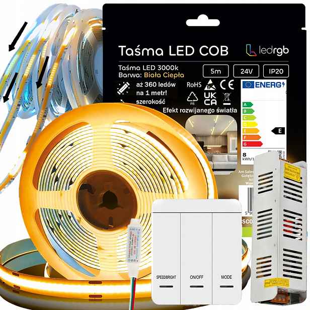 Set Led Pásek Cob 5m 24V Bílý 3000K Digitální Klávesový Spínač Fala