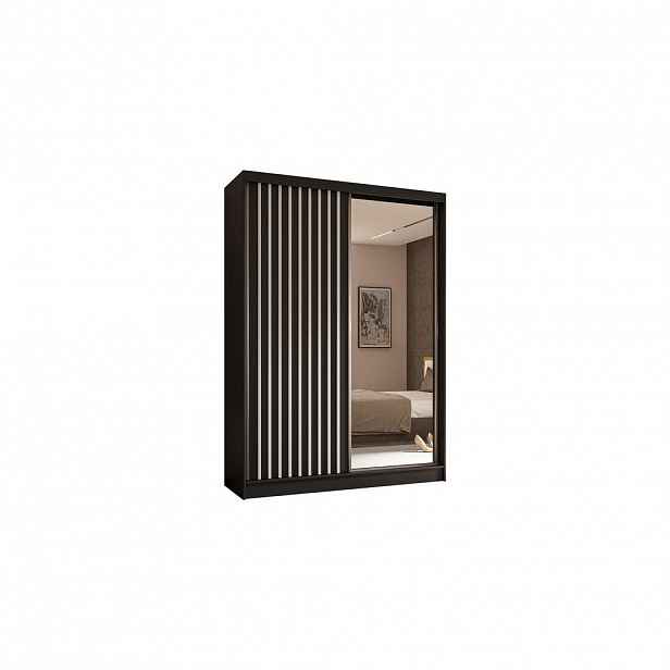 ALTDECOR ŠATNÍ SKŘÍŇ s zrcadlovými posuvnými dveřmi a hliníkovými lamelami, LED osvětlení – LAMELO – 150 cm černá+černá+bílá