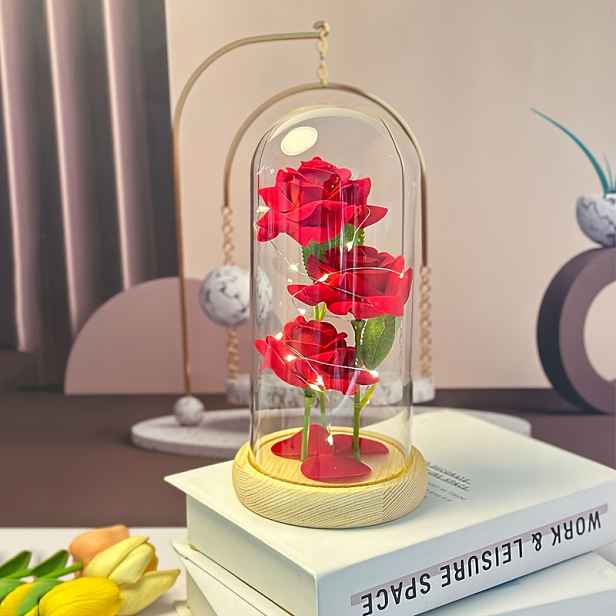 TEMU Dekorační dárky na Valentýna, které budou svítit, umělé květiny, tři červené růže, skleněný kryt, domácí dekorace, San Valentin, Den , dárek pro