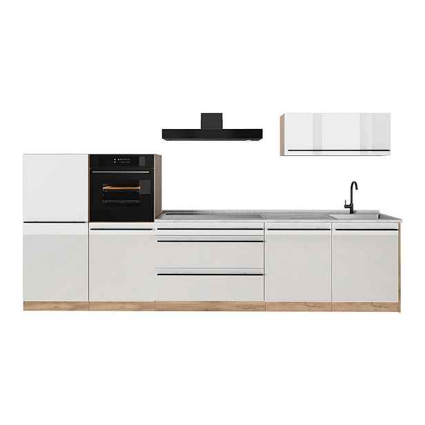 Vicco KUCHYŇSKÝ KOUT R-Line, Bílá vysoký lesk/Zlatý mocný dub, 340 cm pracovná doska Mramor