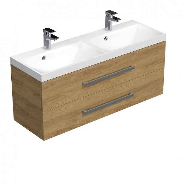 Koupelnová skříňka s chromovými úchyty a umyvadlem SAT Cube Way 120x47,5x40 cm dub Hickory mat CUBE2120ZDH