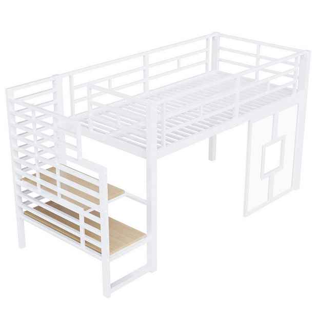 Modenvie VYSOKÁ postel 90/200 cm z kovu a MDF bílá, se schody, úložným prostorem a LED