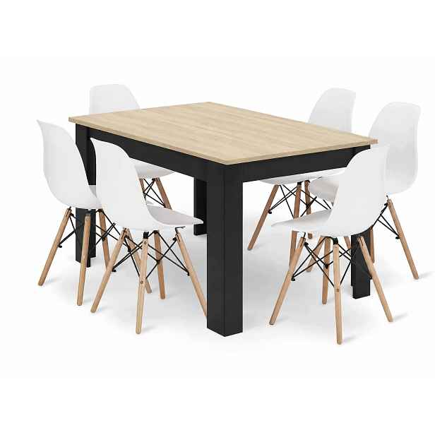 Jídelní stůl 120x80 cm, dekor dub sonoma s černými nohami 6 bílých skandinávských židlí
