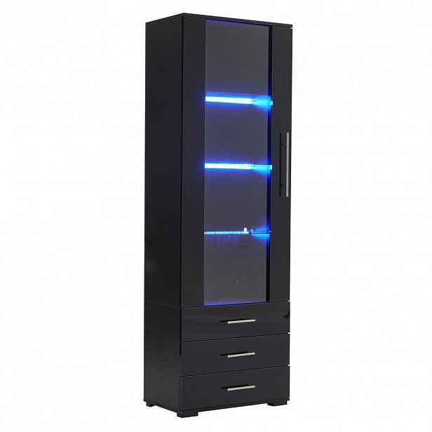 Redom VITRÍNA 60/35/180 cm z MDF s LED osvětlením, 3 zásuvkami a vysokým leskem, Černá