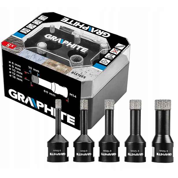 Diamantové děrovačky (6, 8, 10, 12, 16 mm), sada 5 ks Graphite