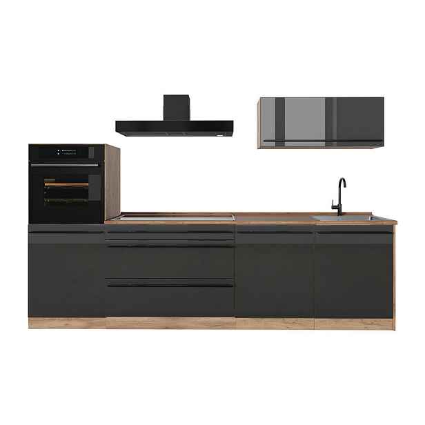 Vicco KUCHYŇSKÝ KOUT R-Line, Antracitový vysoký lesk/Zlatý mocný dub, 280 cm pracovná doska Dub Goldkraft