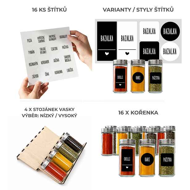 Orion Sada 16ks kořenek PIMEN 80ml + 4ks organizér na kořenky VASKY + sada 16ks štítků