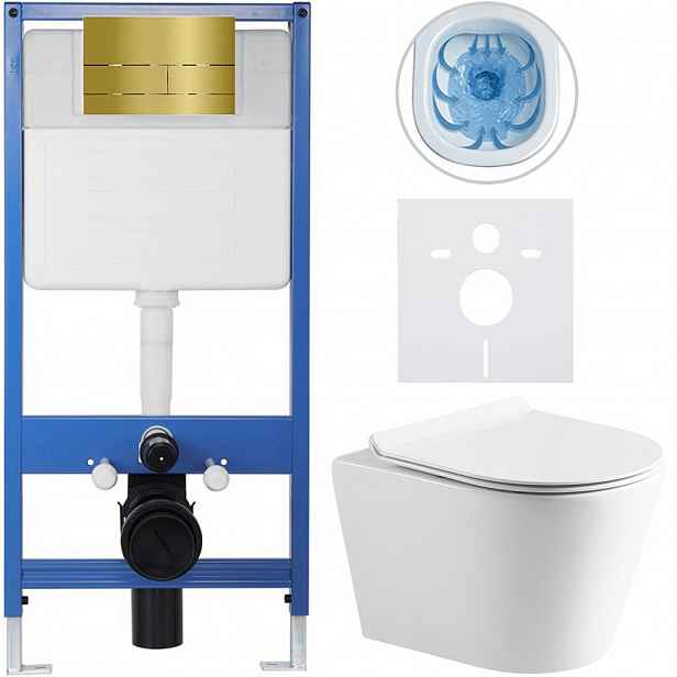 Kompletní WC set Profi/Carlito - bílá lesklá - WC tlačítko Line/Zlatá - předstěnová instalace - 48,5x36,5 cm