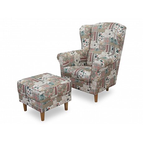 Křeslo ušák ASTRID s taburetem patchwork Viorica