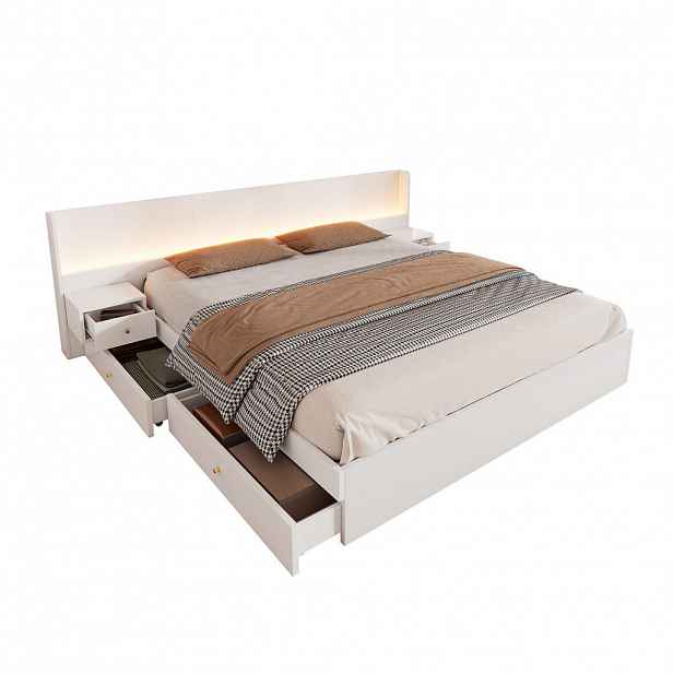 FLIEKS DŘEVĚNÁ POSTEL 180x200cm USB LED Zásuvka Bílá