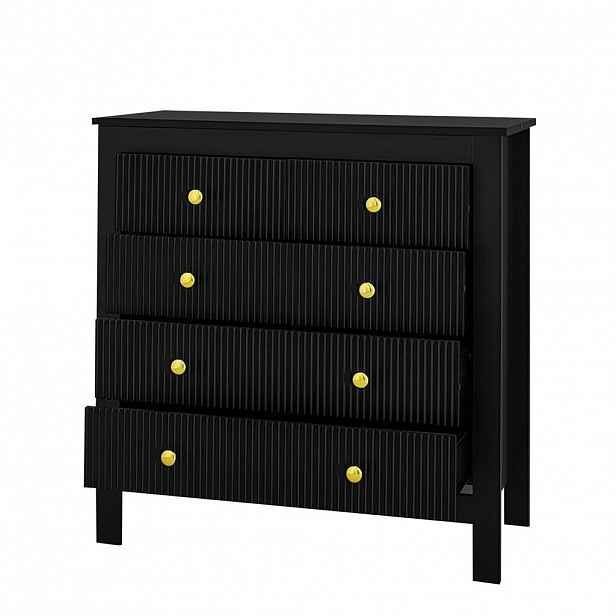 Redom KOMODA 79/39,5/80,5 cm s 5 zásuvkami, strukturovanými čely a zlatými úchytkami, Černá