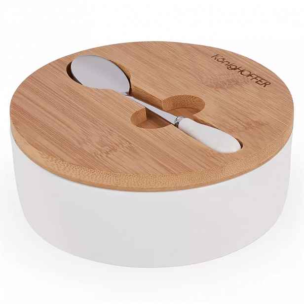Cukřenka s bambus pokličkou 14.5x5cm bílá+ lžička
