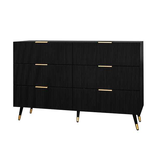 Redom SIDEBOARD 120/40/77 cm se 6 zásuvkami, moderní vlněný povrch a zlaté detaily, Černá a zlatá