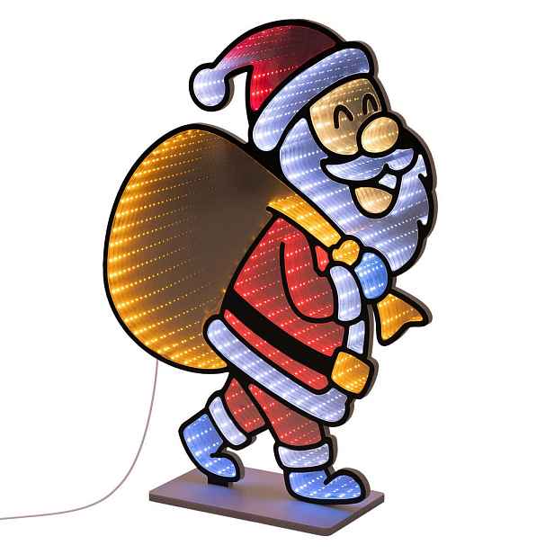 ECD-Germany VÁNOČNÍ DEKORACE Santa Claus s pytlem na dárky LED Infinity Mirror 3D efekt s řetězem světel 47x60 cm pro vnitřní použití