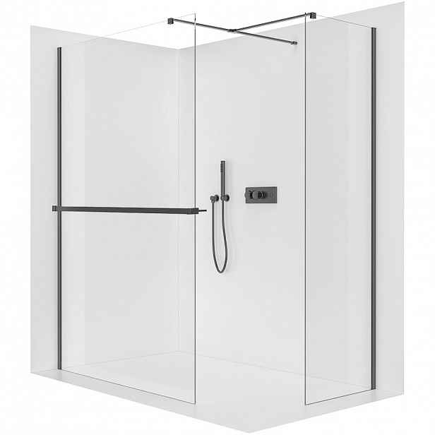 Sprchová zástěna Walk-in Onyx T L/P - 8 mm - hranatá vzpěra + polička/držák na ručníky - černá matná, transparentní sklo - 140x50x200 cm