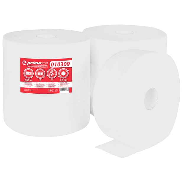 PrimaSoft Toaletní papír JUMBO Maxi Lux lepený 260, 2-vr., cel., extra bílá (bal.6ks) 010309