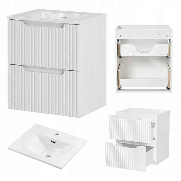 Bílá rýhovaná skříňka s umyvadlem a zásuvkami Rilla White 50 cm, koupelna
