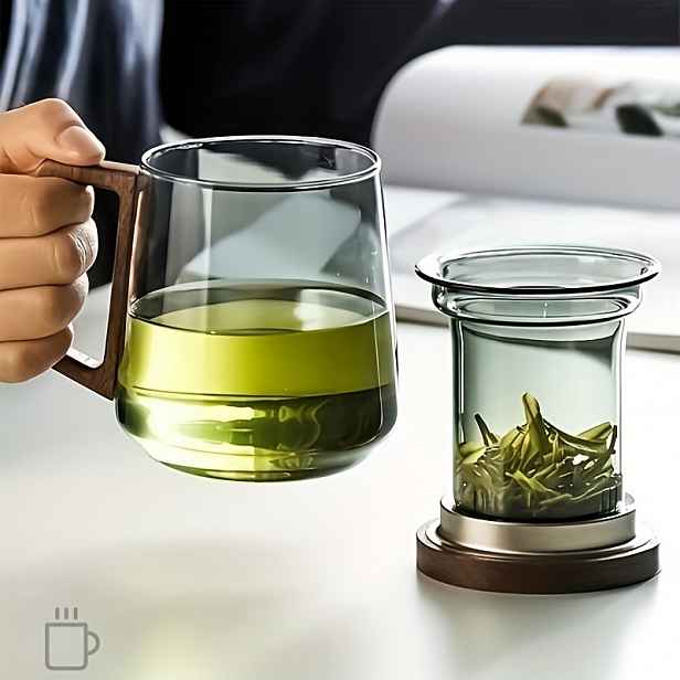 TEMU 1 ks Skleněný hrnek s dřevěnou rukojetí, Vysokoborokřemičitý průhledný čajový hrnek s oddělením vody, 400 ml/13,5 oz