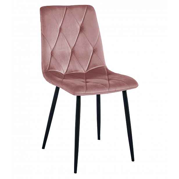 Růžová sametová jídelní židle LIBRA s černými nohami