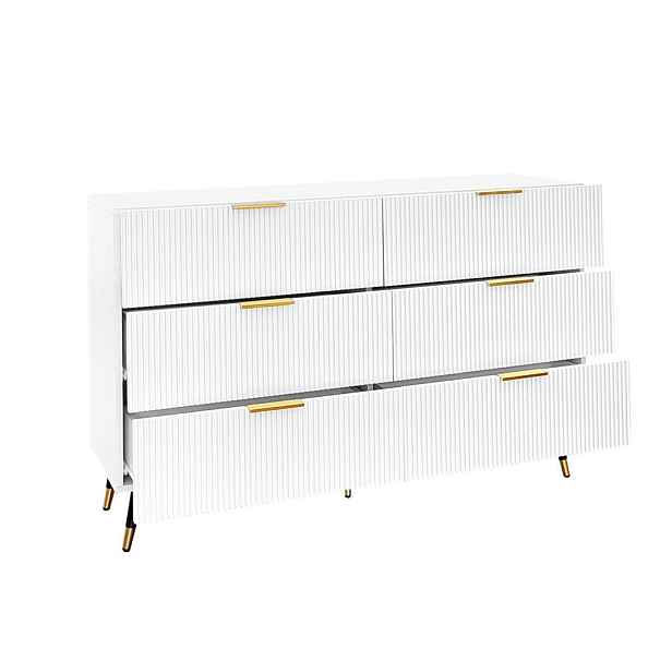 Redom SIDEBOARD 120/40/77 cm se 6 zásuvkami, moderní vlnitý povrch a zlaté detaily, Bílá