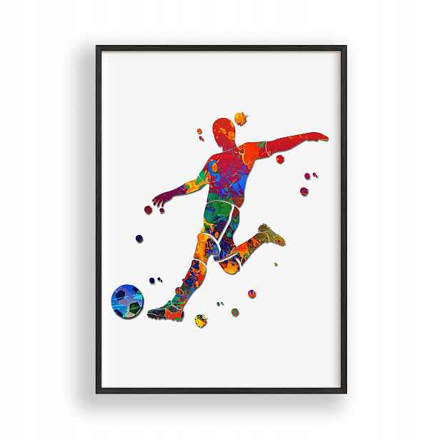 Obraz Fotbalista Barevná silueta Plakát Rámeček Dřevěný Černý 30x42 cm