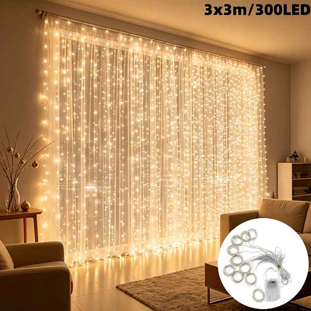 TEMU Závěsné LED řetězové světla 118x118 palců, 300 LED, 8 blikajících světelných režimů, na baterie, pro vnitřní a venkovní dekoraci. Ideální pro