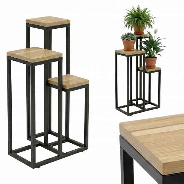 Držák Na Květináč Stojící 3 Úrovně Mdf Kov Hnědý 34X34X67 CM Na 3 Květiny