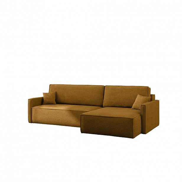 Kaiser Möbel ROZKLÁDACÍ POHOVKA Carlos, ROHOVÁ SEDAČKA ve tvaru L s funkcí spaní a úložným prostorem tkanina Poso Hořčicová Pravá strana