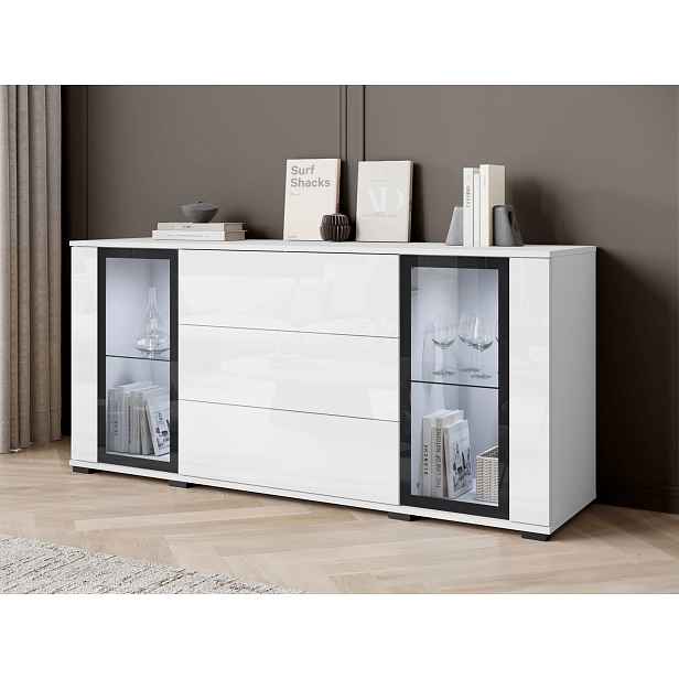 Kombinovaná komoda EANA s LED osvětlením - bílá / bílá lesklá