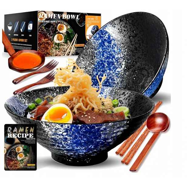 Set 2x Miska Na Ramen Keramika Kompletní Set Misky Lžičky Příbory