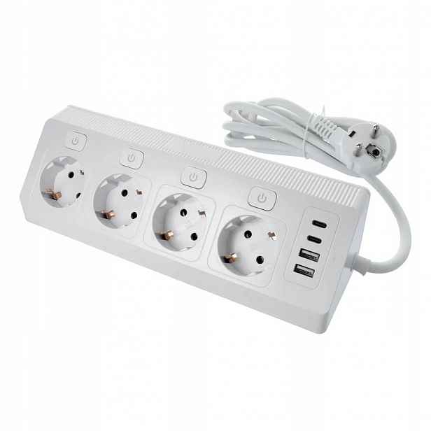 Síťová lišta se 4 zásuvkami max 3680 W, porty 2x Usb A, 2x typ C