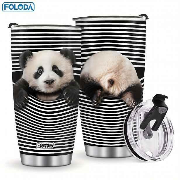 TEMU Foloda 1 ks Panda Kočka Dárek, Dárek pro Milovníky Pand, Roztomilý Panda Termohrnek z Nerezové Oceli s Víčkem, Zábavný Panda Hrnek na Kávu,