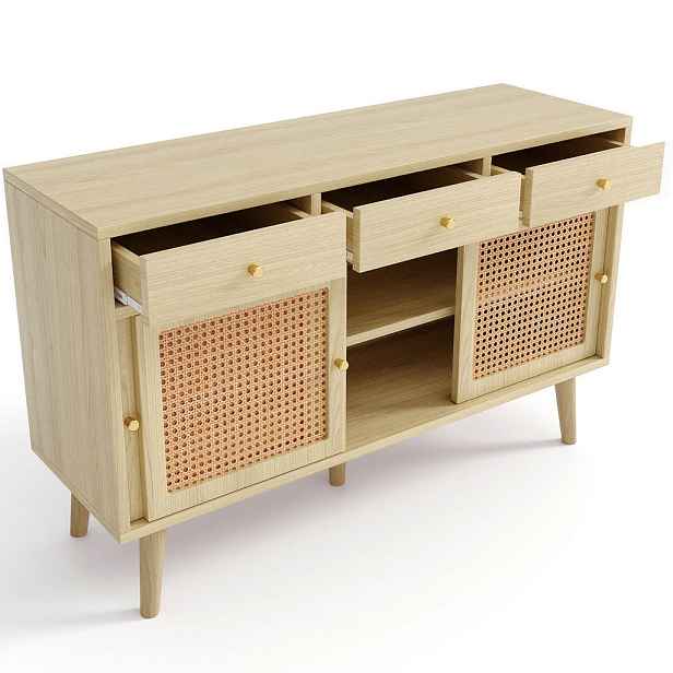 Redom SIDEBOARD 120/40/78 cm se 3 zásuvkami a 3 dvířky, ratanovými čely a nastavitelnými policemi, Dub